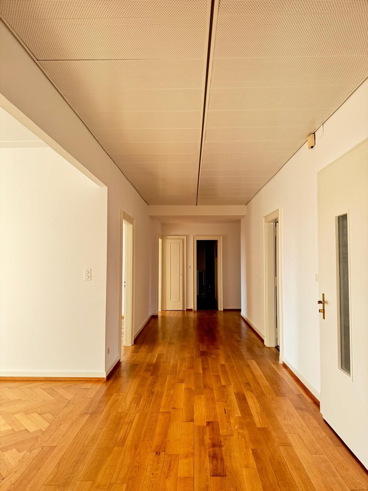Couloir principal avec parquet chêne et plafonds acoustiques